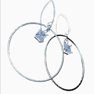 HANDCRAFTED Silver Tone Hoops w Clear Crystal Quartz on Sterling Silver Earwires